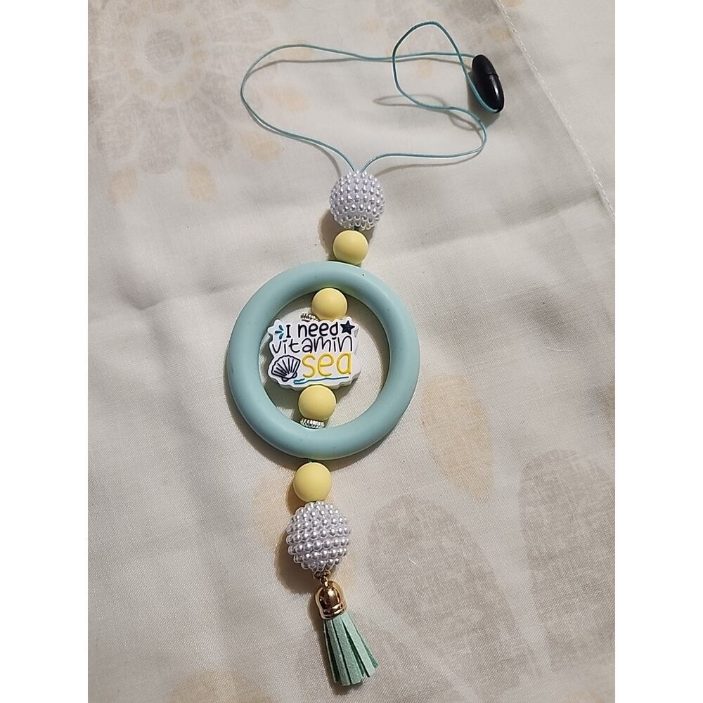 Beaded Car Charm For Rear View 'I Need Vitamin Sea' Handmade Blue & Yellow